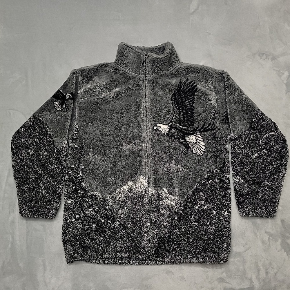 VTG Black Mountain Fleece Jacket Men Small Gray Eagle Nature Graphic Made In USA
